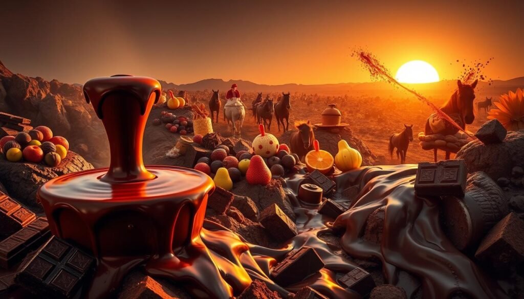 A rich and indulgent scene depicting a chocolate stampede—flowing rivers of molten chocolate cascading over rocky terrains, with chocolate treats, such as brownies and truffles, caught in the current. In the foreground, a glossy chocolate fountain surrounded by an array of colorful fruits and desserts ready to be dipped, creating a feeling of abundance. The middle ground features a lush, chocolate-drenched landscape dotted with oversized chocolate bars and splashes of cocoa powder, as if nature itself converted to sweet delights. In the background, soft, warm lighting highlights a serene sunset casting a golden hue over the scene, creating a comforting and inviting atmosphere. The image captures the spirit of indulgence and celebration, reflecting the signature dessert offerings of Longhorn Steakhouse Colorado Springs.