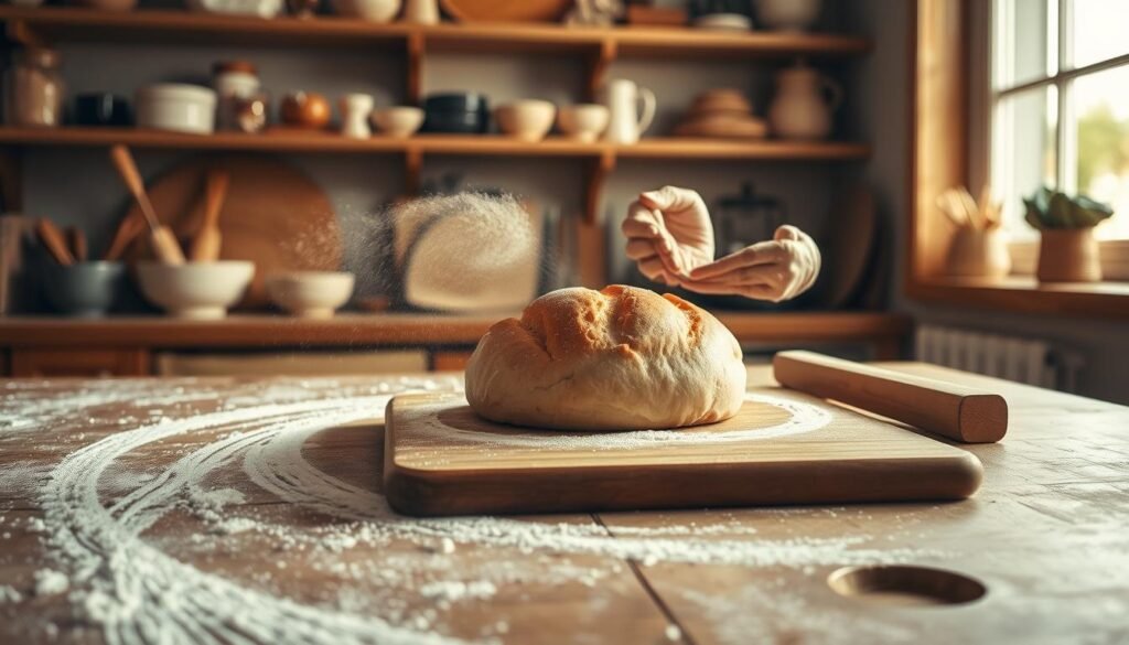 A rustic kitchen countertop features a baker skillfully shaping a loaf of bread, with flour dust gently swirling in the air. The foreground showcases the hands of the baker, expertly folding and kneading the dough, highlighting the texture and elasticity of the mixture. In the middle, a wooden bread board is adorned with a perfectly shaped loaf, its golden-brown crust glistening under soft, warm light. The background reveals shelves filled with baking tools and ingredients, with a window allowing natural daylight to flood the scene, creating a cozy and inviting atmosphere. The composition captures the artistry and craftsmanship involved in baking, evoking feelings of warmth and homeliness. A rustic kitchen countertop features a baker skillfully shaping a loaf of bread, with flour dust gently swirling in the air. The foreground showcases the hands of the baker, expertly folding and kneading the dough, highlighting the texture and elasticity of the mixture. In the middle, a wooden bread board is adorned with a perfectly shaped loaf, its golden-brown crust glistening under soft, warm light. The background reveals shelves filled with baking tools and ingredients, with a window allowing natural daylight to flood the scene, creating a cozy and inviting atmosphere. The composition captures the artistry and craftsmanship involved in baking, evoking feelings of warmth and homeliness.