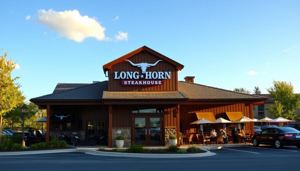 A scenic depiction of a Longhorn Steakhouse location, showcasing the exterior of a rustic, charming restaurant set in a suburban area. The foreground features the welcoming entrance with double wooden doors and the iconic Longhorn emblem. In the middle ground, a spacious parking lot with cars indicates busy patrons, surrounded by lush green landscaping and inviting outdoor seating. The background displays a clear blue sky with a few white clouds, hinting at a sunny day. The image should capture warm and inviting lighting, suggesting a late afternoon ambiance. The angle should be slightly elevated, providing an inviting overview of the establishment. The atmosphere is one of comfort and community, perfect for families and friends gathering for a meal.