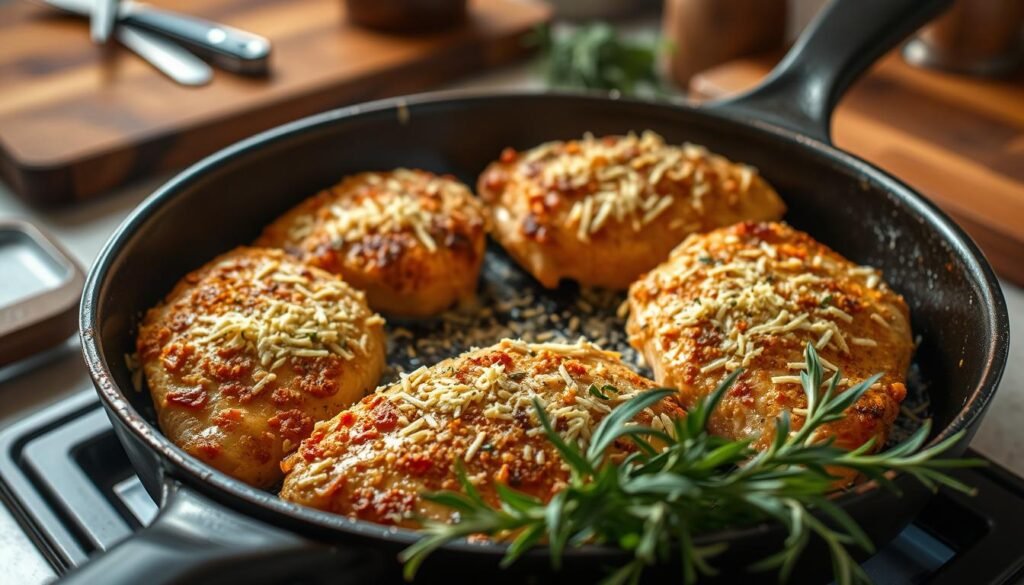 A sizzling skillet filled with perfectly seared Parmesan crusted chicken, showcasing the golden-brown crust glistening from the heat. In the foreground, focus on the vibrant herbs, such as rosemary and thyme, scattered around the skillet, adding a touch of green. The middle ground features the sizzling chicken breasts, their edges slightly charred and crispy, with melted Parmesan cheese clinging to the sides. The background is a soft-focus kitchen setting, with warm, ambient lighting enhancing the inviting atmosphere. A wooden cutting board and a few cooking utensils can be subtly included. The overall mood is homely and appetizing, conveying the satisfying experience of cooking a gourmet meal at home, with an overhead angle highlighting the skillet's details. A sizzling skillet filled with perfectly seared Parmesan crusted chicken, showcasing the golden-brown crust glistening from the heat. In the foreground, focus on the vibrant herbs, such as rosemary and thyme, scattered around the skillet, adding a touch of green. The middle ground features the sizzling chicken breasts, their edges slightly charred and crispy, with melted Parmesan cheese clinging to the sides. The background is a soft-focus kitchen setting, with warm, ambient lighting enhancing the inviting atmosphere. A wooden cutting board and a few cooking utensils can be subtly included. The overall mood is homely and appetizing, conveying the satisfying experience of cooking a gourmet meal at home, with an overhead angle highlighting the skillet's details.