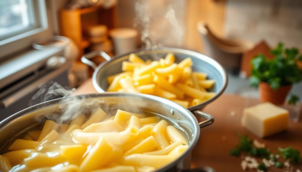 A steaming pot of perfectly boiled pasta sits at the forefront, glistening with a light drizzle of olive oil, capturing the essence of comfort food. In the middle ground, a bright silver colander overflows with al dente macaroni, ready to be mixed into a creamy cheese sauce. The background features a cozy kitchen with warm, inviting wooden tones, ambient lighting softly illuminating the space, hinting at a home-cooked meal. A sprinkle of fresh parsley and grated Parmesan cheese casually decorates the scene. The atmosphere is warm and inviting, perfect for showcasing a loving cooking environment. The angle is slightly overhead, providing a clear view of the pasta and its ingredients, while ensuring a professional look without any text or distractions.