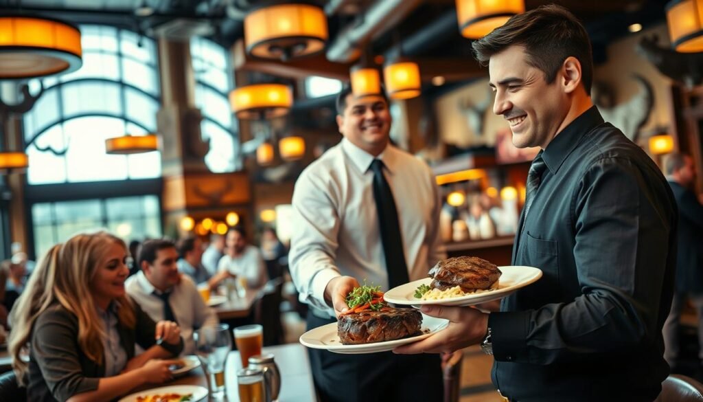 A vibrant and bustling Longhorn Steakhouse interior showcasing exceptional service standards and staff interactions. In the foreground, a friendly waiter in professional business attire is assisting a couple at their table, presenting a beautifully plated steak dish with a warm smile. The middle layer features a diverse range of satisfied patrons enjoying their meals, creating an inviting atmosphere. The background reveals rustic Texas-themed decor, warm lighting with soft amber hues, and wooden furnishings that enhance the cozy ambiance. The angle is slightly elevated, capturing the energy of the restaurant while highlighting personal interactions. The overall mood is welcoming and professional, embodying the essence of attentive service in a laid-back dining environment.