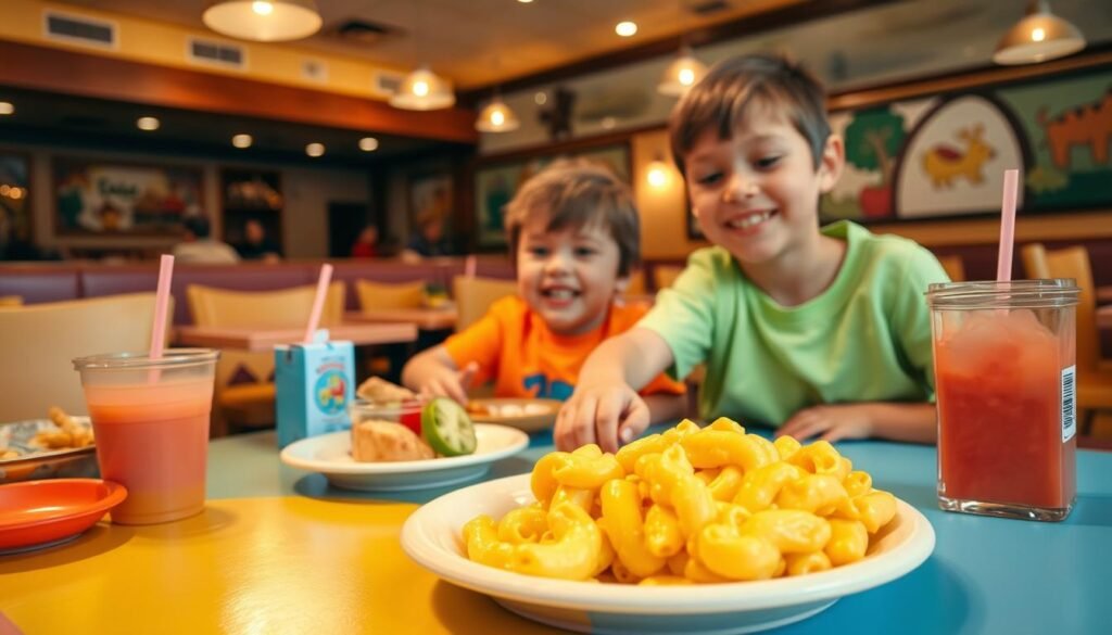 A vibrant and inviting kids' meal scene at a family-friendly restaurant, featuring a colorful table set with a variety of appealing dishes. In the foreground, a cheerful plate of mac and cheese shaped like a fun character, accompanied by a small fruit cup and a refreshing juice box. The middle ground showcases a smiling child, casually dressed in a bright t-shirt, eagerly reaching for their meal. In the background, a warm and cozy restaurant interior with wooden decor, dim lighting, and playful murals, creating an inviting atmosphere. The image has a soft focus with a slight vignette effect to enhance the warmth and joy of the dining experience, emphasizing a sense of family-friendly enjoyment. A vibrant and inviting kids' meal scene at a family-friendly restaurant, featuring a colorful table set with a variety of appealing dishes. In the foreground, a cheerful plate of mac and cheese shaped like a fun character, accompanied by a small fruit cup and a refreshing juice box. The middle ground showcases a smiling child, casually dressed in a bright t-shirt, eagerly reaching for their meal. In the background, a warm and cozy restaurant interior with wooden decor, dim lighting, and playful murals, creating an inviting atmosphere. The image has a soft focus with a slight vignette effect to enhance the warmth and joy of the dining experience, emphasizing a sense of family-friendly enjoyment.