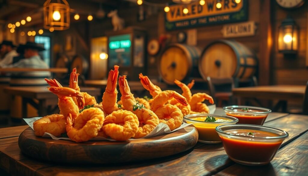 A vibrant and inviting scene showcasing wild west shrimp appetizers on a rustic wooden table. In the foreground, a platter of perfectly golden-battered shrimp, garnished with fresh herbs and served with zesty dipping sauces. In the middle ground, a warm, dimly lit saloon atmosphere with wooden barrels and vintage decor, capturing the essence of the wild west. The background features softly glowing lanterns and a hint of cowboy memorabilia, enhancing the nostalgic vibe. The lighting is warm and inviting, highlighting the shrimp's texture and creating a cozy ambiance. The image is shot from a slight overhead angle to capture the delightful details of the appetizers while maintaining a lively but relaxed mood.