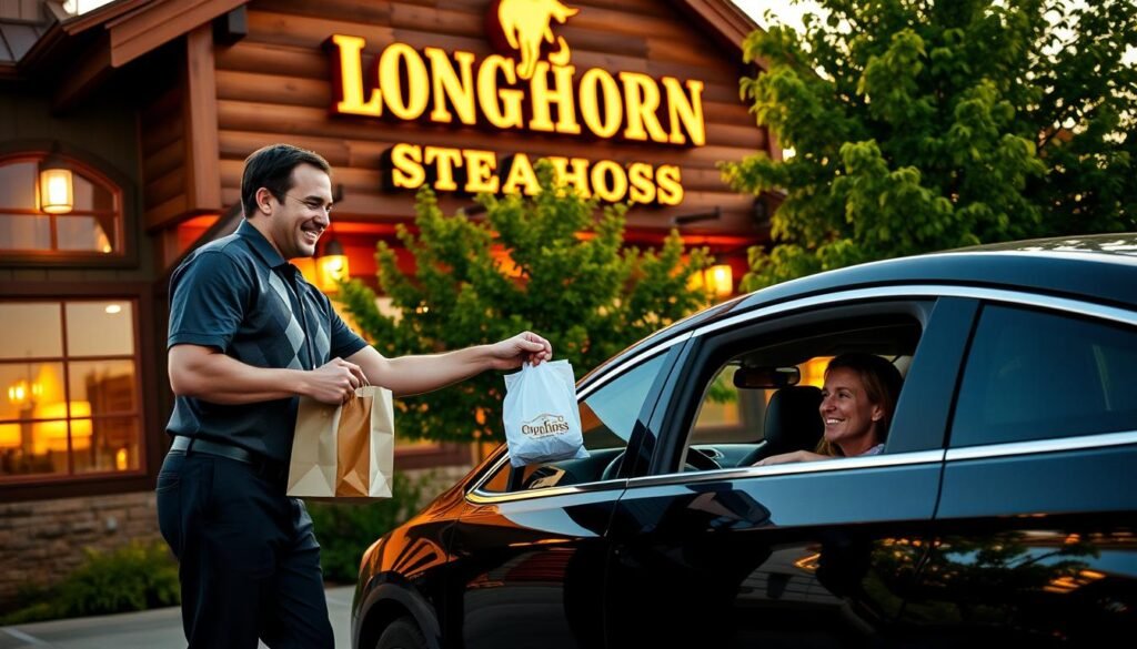 A vibrant curbside pickup scene outside a Longhorn Steakhouse location during golden hour. In the foreground, a friendly staff member wearing a polo shirt and dark pants is handing a takeout bag to a customer sitting in a car, smiling. The middle ground features the restaurant's distinctive wooden facade with warm lighting emanating from the windows, showcasing a cozy and inviting atmosphere. In the background, lush green trees are subtly illuminated by the sunset, creating a relaxing environment. The angle is slightly elevated, capturing both the interaction and the inviting ambiance of the restaurant front. The mood is welcoming, emphasizing convenience and the joy of dining out with a sense of community.