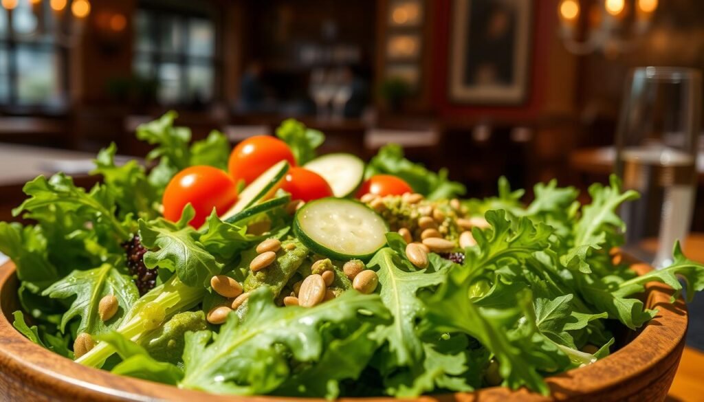 A vibrant display of fresh field greens, including crisp romaine and peppery arugula, in a rustic wooden bowl set on a sunlit dining table. The foreground captures the rich textures of the greens drizzled with a tangy vinaigrette, glistening with droplets. In the middle, refreshing cherry tomatoes and thinly sliced cucumbers add pops of color, complemented by scattered sunflower seeds. The background features a softly blurred ambiance of an elegant steakhouse, with warm, inviting lighting that enhances the freshness of the salad. The mood is appetizing and welcoming, inviting viewers to indulge in a healthy start to their meal. The angle is slightly above, offering a tantalizing view that accentuates the textures and colors of the greens.