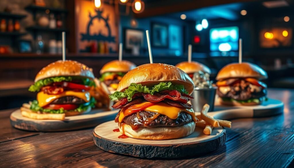 A vibrant display of gourmet burgers served on a rustic wooden table, showcasing a variety of styles including classic cheeseburgers, BBQ bacon burgers, and mushroom Swiss burgers. Each burger features rich, colorful toppings like fresh lettuce, ripe tomatoes, melty cheese, and crispy onions, drizzled with sauces. In the foreground, focus on a beautifully plated burger with a perfectly toasted bun and a side of golden, crispy fries. The middle ground includes a wooden cutting board with more burgers and condiments, while the background features a cozy restaurant atmosphere with dim lighting, warm wooden decor, and subtle bokeh effects. The scene conveys a warm, inviting mood, perfect for casual dining. The lighting is soft and warm, enhancing the appetizing colors of the food. A vibrant display of gourmet burgers served on a rustic wooden table, showcasing a variety of styles including classic cheeseburgers, BBQ bacon burgers, and mushroom Swiss burgers. Each burger features rich, colorful toppings like fresh lettuce, ripe tomatoes, melty cheese, and crispy onions, drizzled with sauces. In the foreground, focus on a beautifully plated burger with a perfectly toasted bun and a side of golden, crispy fries. The middle ground includes a wooden cutting board with more burgers and condiments, while the background features a cozy restaurant atmosphere with dim lighting, warm wooden decor, and subtle bokeh effects. The scene conveys a warm, inviting mood, perfect for casual dining. The lighting is soft and warm, enhancing the appetizing colors of the food.