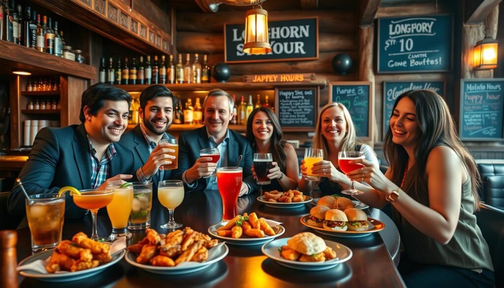 A vibrant "happy hour" scene at Longhorn Steakhouse, featuring a cozy wooden bar with rustic decor. In the foreground, a diverse group of friends—two men and two women—enjoying drinks and appetizers, all wearing smart casual attire. The middle ground showcases a variety of colorful cocktails and platters of mouthwatering appetizers like buffalo wings and sliders, with warm lighting creating an inviting atmosphere. The background includes the bar shelves stocked with spirits and a chalkboard menu displaying happy hour specials. Soft, ambient lighting casts a golden glow over the scene, enhancing the joyful, relaxed mood of the gathering, captured at eye level to emphasize genuine camaraderie and enjoyment.