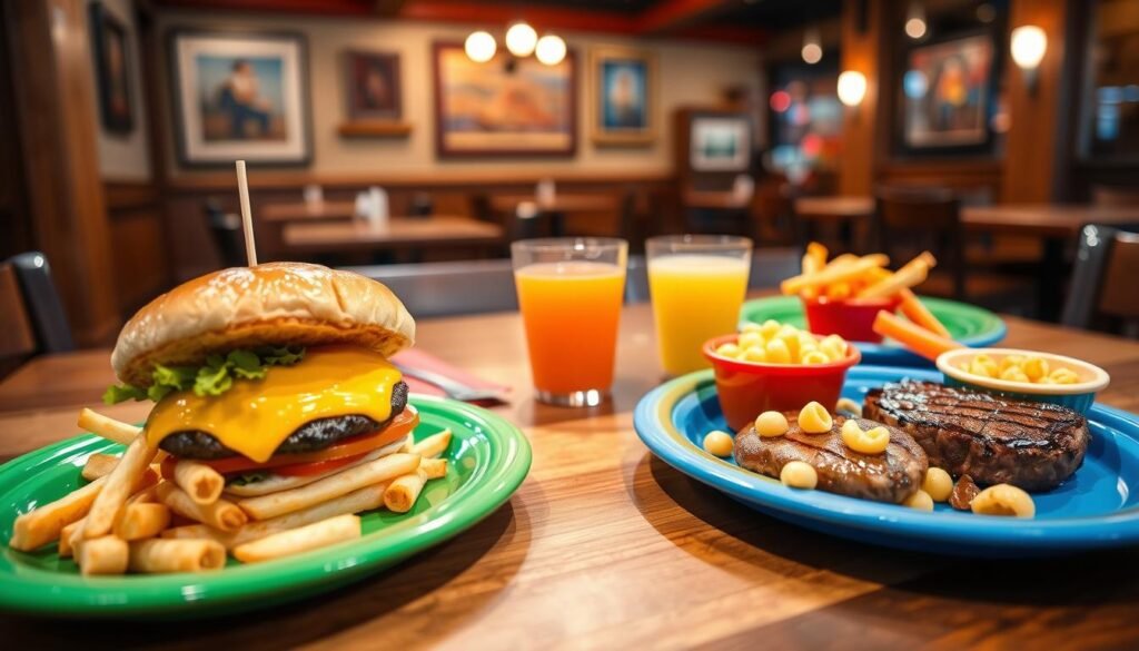 A vibrant kids' meal spread at Longhorn Steakhouse, featuring a wooden table set with colorful plates. In the foreground, a juicy cheeseburger with a side of crispy fries and a fresh fruit cup. A small bowl of macaroni and cheese is playfully positioned next to a mini steak and a carrot stick. In the middle, a brightly colored cup filled with apple juice adds to the cheerful atmosphere. The background shows a cozy steakhouse interior with rustic wooden accents and soft, warm lighting creating an inviting vibe. The focus is sharp on the meals, with a shallow depth of field blurring the background slightly, evoking a sense of joy and comfort perfect for a family dining experience. A vibrant kids' meal spread at Longhorn Steakhouse, featuring a wooden table set with colorful plates. In the foreground, a juicy cheeseburger with a side of crispy fries and a fresh fruit cup. A small bowl of macaroni and cheese is playfully positioned next to a mini steak and a carrot stick. In the middle, a brightly colored cup filled with apple juice adds to the cheerful atmosphere. The background shows a cozy steakhouse interior with rustic wooden accents and soft, warm lighting creating an inviting vibe. The focus is sharp on the meals, with a shallow depth of field blurring the background slightly, evoking a sense of joy and comfort perfect for a family dining experience.