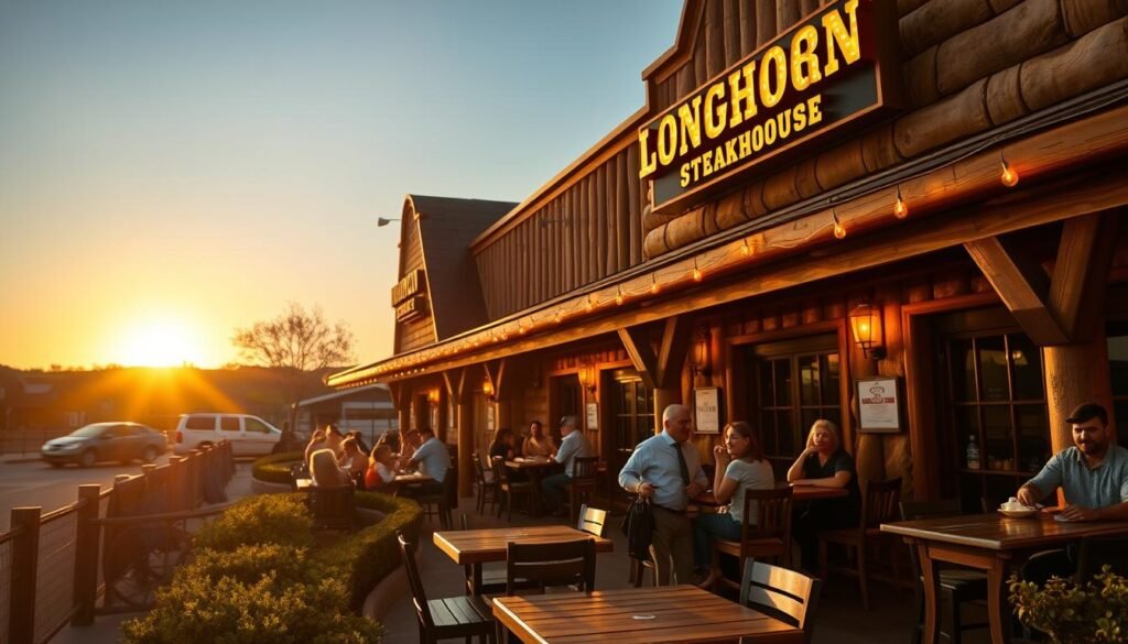 A vibrant scene of Longhorn Steakhouse in San Angelo, Texas during golden hour, capturing the restaurant's rustic exterior with wooden accents and a welcoming neon sign. In the foreground, a well-manicured outdoor dining area with wooden tables and comfortable seating, illuminated by warm string lights. The middle ground features patrons enjoying their meals, dressed in smart casual attire, conveying a friendly and relaxed atmosphere. In the background, the Texas skyline subtly blends with a bright sunset, enhancing the warm color palette. Use a shallow depth of field to focus on the restaurant while slightly blurring the background. The overall mood is inviting and lively, perfect for a dining experience.
