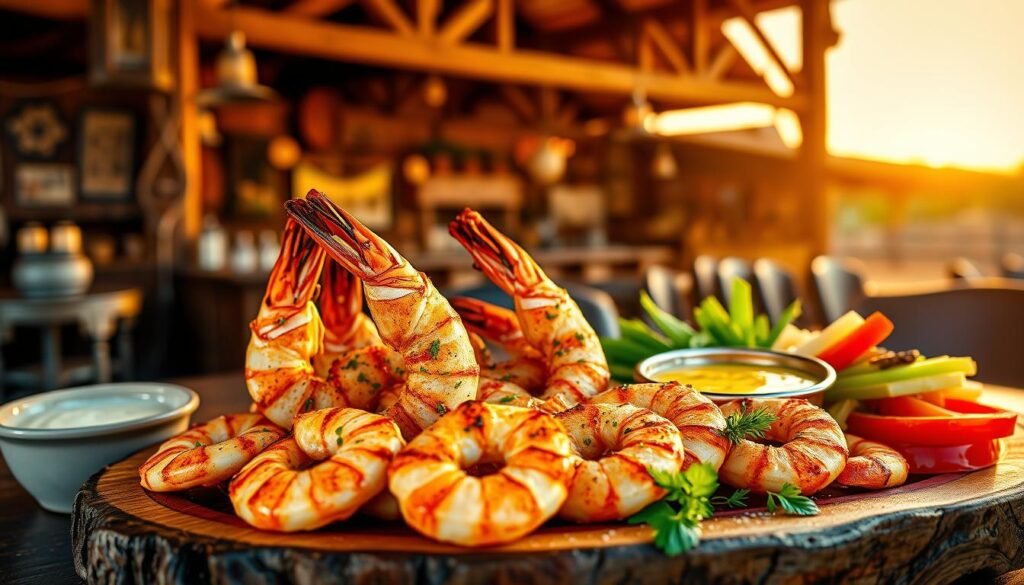 A vibrant, visually appealing depiction of "wild west shrimp" served on a rustic wooden platter. In the foreground, succulent shrimp is grilled to perfection, showcasing a golden-brown crust, sprinkled with fresh herbs and spices. Accompanying the shrimp are sides of creamy garlic sauce and vibrant, colorful vegetables. In the middle ground, a cowboy-style saloon with wooden beams and vintage decor suggests a lively atmosphere, while the background features a setting sun casting warm, golden light, enhancing the western ambiance. The scene is captured with a slightly angled perspective, using soft focus to create a warm and inviting mood reminiscent of a classic cowboy dinner. A vibrant, visually appealing depiction of "wild west shrimp" served on a rustic wooden platter. In the foreground, succulent shrimp is grilled to perfection, showcasing a golden-brown crust, sprinkled with fresh herbs and spices. Accompanying the shrimp are sides of creamy garlic sauce and vibrant, colorful vegetables. In the middle ground, a cowboy-style saloon with wooden beams and vintage decor suggests a lively atmosphere, while the background features a setting sun casting warm, golden light, enhancing the western ambiance. The scene is captured with a slightly angled perspective, using soft focus to create a warm and inviting mood reminiscent of a classic cowboy dinner.