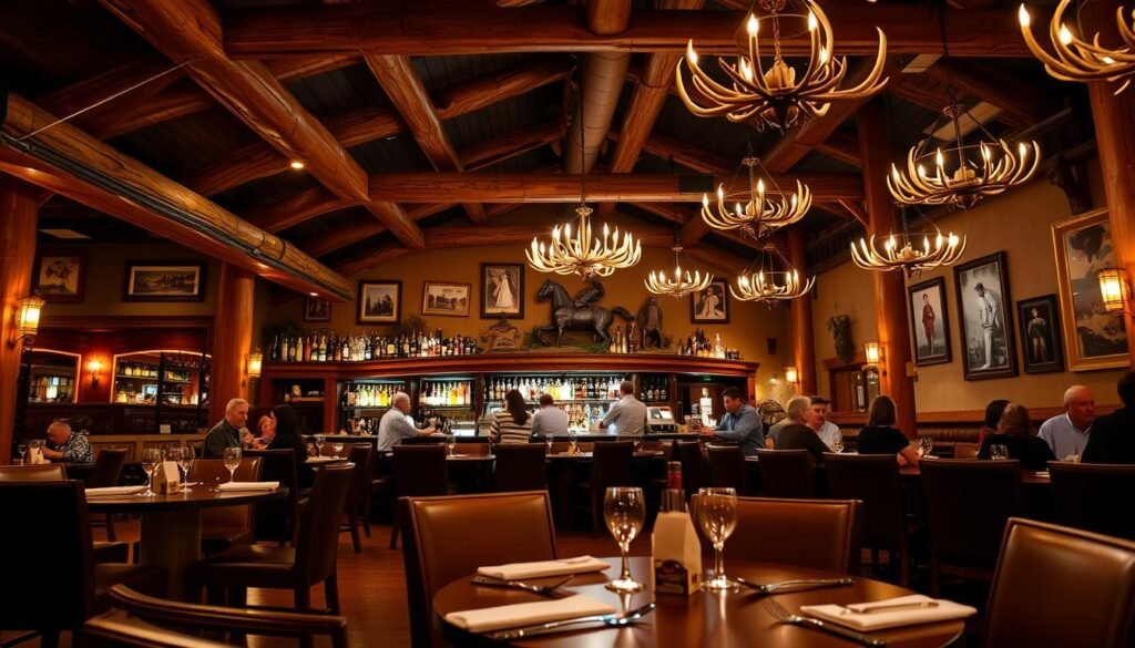 A warm and inviting interior of a Longhorn Steakhouse restaurant, showcasing rustic wooden beams and warm lighting. In the foreground, a well-set table with polished cutlery and soft leather chairs invites diners. The middle ground features a long, curved bar with a variety of spirits displayed on shelves, surrounded by patrons in casual attire enjoying their meals. The background captures a vibrant ambiance with Western-themed decor, including framed cowboy paintings and antler chandeliers hanging from the ceiling. The overall mood is lively yet relaxed, illuminated by soft, golden light that creates a cozy atmosphere. The angle is slightly elevated, allowing a view of both the dining area and bar, enhancing the inviting nature of the setting.