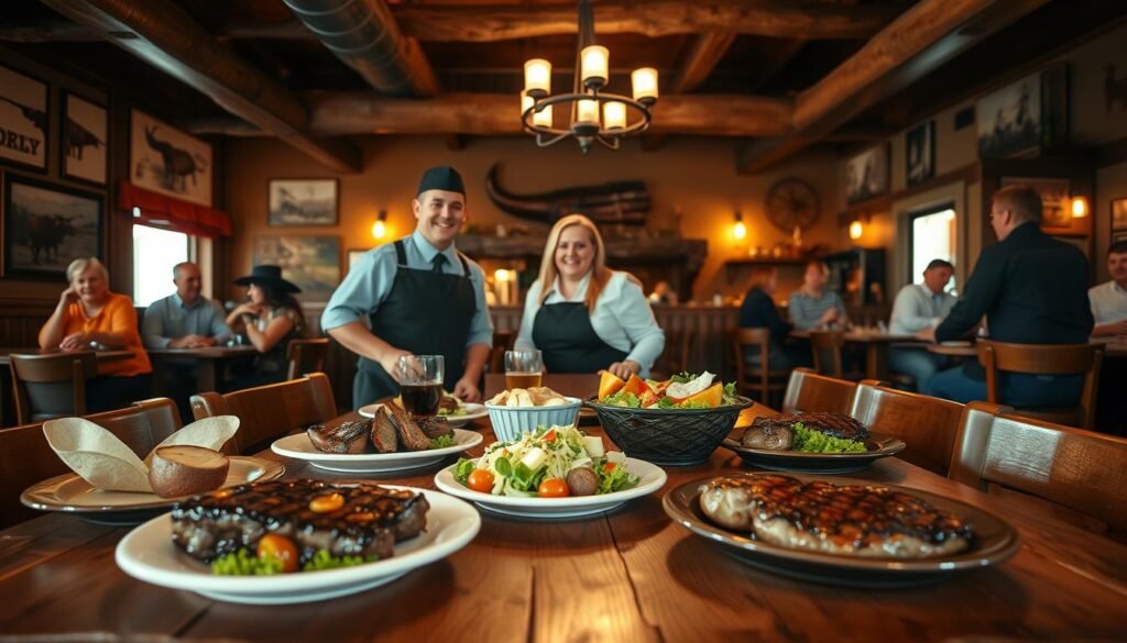A warm and inviting interior of a Longhorn Steakhouse, showcasing a cozy dining environment. In the foreground, a rustic wooden table set with deliciously grilled steaks, baked potatoes, and fresh salads, elegantly plated. In the middle, friendly staff in smart casual attire interact with customers, their smiles reflecting great service. The background features wooden beams and warm lighting that casts a soft glow over the space, with Western-themed decorations, such as vintage ranch images and cowboy artifacts lining the walls. The atmosphere is relaxed and family-friendly, inviting and comforting, perfect for a casual dining experience. Capture the essence of camaraderie and warmth, using soft, natural lighting and a slight depth of field to draw attention to the table's enticing spread. A warm and inviting interior of a Longhorn Steakhouse, showcasing a cozy dining environment. In the foreground, a rustic wooden table set with deliciously grilled steaks, baked potatoes, and fresh salads, elegantly plated. In the middle, friendly staff in smart casual attire interact with customers, their smiles reflecting great service. The background features wooden beams and warm lighting that casts a soft glow over the space, with Western-themed decorations, such as vintage ranch images and cowboy artifacts lining the walls. The atmosphere is relaxed and family-friendly, inviting and comforting, perfect for a casual dining experience. Capture the essence of camaraderie and warmth, using soft, natural lighting and a slight depth of field to draw attention to the table's enticing spread.