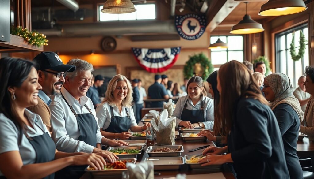 A warm and inviting scene depicting community service members and staff from Longhorn Steakhouse engaging in a friendly and supportive atmosphere. In the foreground, diverse individuals—veterans and community members—wearing professional business attire and casual, modest clothing, share smiles and laughter while preparing meals together. In the middle ground, staff interact with patrons, showcasing teamwork and collaboration. The background features a cozy, rustic restaurant interior with wooden furnishings, warm lighting, and festive decorations honoring Veterans Day, creating a sense of community and gratitude. Soft, natural lighting filters through large windows, casting a welcoming glow. Captured with a wide-angle lens to emphasize inclusivity, the mood is uplifting, reflecting camaraderie and shared purpose. A warm and inviting scene depicting community service members and staff from Longhorn Steakhouse engaging in a friendly and supportive atmosphere. In the foreground, diverse individuals—veterans and community members—wearing professional business attire and casual, modest clothing, share smiles and laughter while preparing meals together. In the middle ground, staff interact with patrons, showcasing teamwork and collaboration. The background features a cozy, rustic restaurant interior with wooden furnishings, warm lighting, and festive decorations honoring Veterans Day, creating a sense of community and gratitude. Soft, natural lighting filters through large windows, casting a welcoming glow. Captured with a wide-angle lens to emphasize inclusivity, the mood is uplifting, reflecting camaraderie and shared purpose.