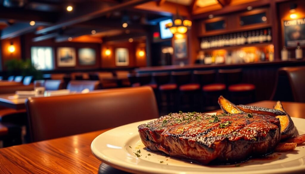 A warm and inviting steakhouse interior featuring Longhorn Steakhouse in Colorado Springs. In the foreground, a beautifully plated medium-rare steak garnished with herbs and accompanied by a side of roasted vegetables, set on a rustic wooden table. The middle layer reveals a cozy dining area with wooden beams, soft amber lighting, and leather booths, creating an intimate atmosphere. In the background, a well-stocked bar with a selection of wines and spirits, illuminated by warm pendant lighting. The setting exudes a welcoming vibe, perfect for families and couples. The scene should have a slightly blurred background to emphasize the steak, captured with a shallow depth of field. The overall mood is inviting and relaxed, ideal for enjoying a hearty meal.