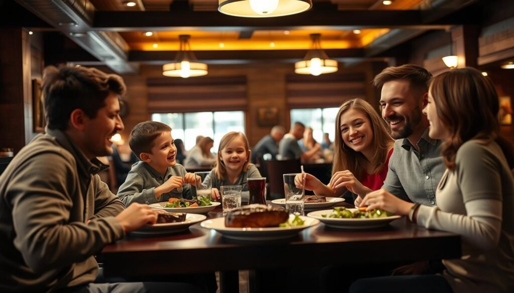 A warm, inviting family dining scene set inside Longhorn Steakhouse in Colorado Springs. In the foreground, a diverse family of four enjoys a hearty meal together, dressed in modest casual clothing. The children, a boy and girl, are animatedly talking, while the parents smile warmly at them, sharing a joyful moment. In the middle ground, the restaurant's rustic wooden decor and low-lit pendant lights create a cozy atmosphere. Delicious dishes like steak and side salads are elegantly presented on the table. In the background, other families are seen dining, contributing to the lively yet intimate vibe of the place. The lighting is soft, with a golden hue reflecting the warmth of the restaurant, captured with a shallow depth of field to enhance focus on the family.