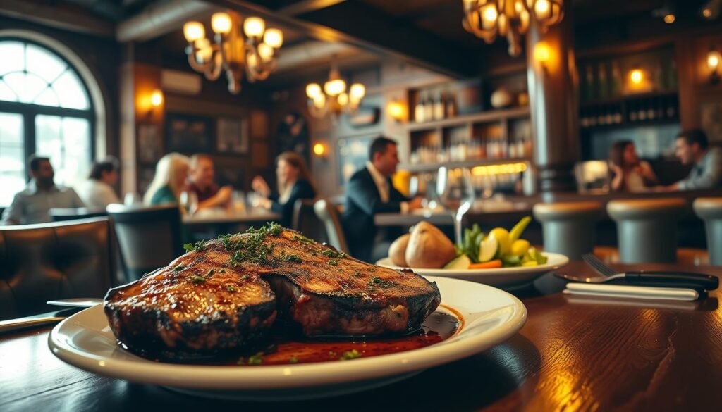 An inviting and rustic steakhouse interior, showcasing a warm wooden ambiance with dim lighting. In the foreground, a beautifully set table featuring a perfectly grilled steak, sizzling on a plate with garnishes of fresh herbs and sides of baked potatoes and steamed vegetables. In the middle ground, patrons enjoy their meals, dressed in smart casual attire, laughing and conversing, creating a lively atmosphere. The background reveals a bar area with a selection of wines and spirits, enhancing the culinary experience. Soft, warm lighting casts a cozy glow throughout the space, highlighting the rich textures of the wood and leather. Focused from a slightly elevated angle, capturing the essence of a memorable dining experience.