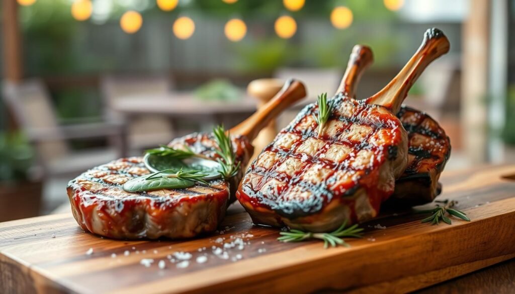 Lamb chops served on a rustic wooden cutting board, perfectly grilled with a mouthwatering sear and garnished with fresh rosemary and a sprinkle of sea salt. The foreground features two tender lamb chops with a rich brown glaze, showcasing grill marks. In the middle ground, a small dish of mint sauce and roasted garlic cloves is placed beside the chops, adding color contrast. The background includes a softly blurred outdoor patio setting with warm, ambient lighting from hanging string lights, creating a cozy, inviting atmosphere. The scene is captured with a shallow depth of field, enhancing the focus on the lamb chops while evoking a sense of culinary indulgence and exploration of different cooking methods. Lamb chops served on a rustic wooden cutting board, perfectly grilled with a mouthwatering sear and garnished with fresh rosemary and a sprinkle of sea salt. The foreground features two tender lamb chops with a rich brown glaze, showcasing grill marks. In the middle ground, a small dish of mint sauce and roasted garlic cloves is placed beside the chops, adding color contrast. The background includes a softly blurred outdoor patio setting with warm, ambient lighting from hanging string lights, creating a cozy, inviting atmosphere. The scene is captured with a shallow depth of field, enhancing the focus on the lamb chops while evoking a sense of culinary indulgence and exploration of different cooking methods.