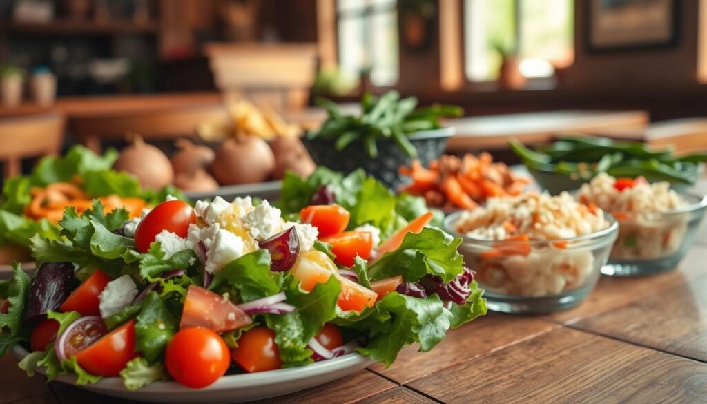 Vibrant arrangement of fresh salads and savory sides on a rustic wooden table. In the foreground, a colorful mixed greens salad with cherry tomatoes, cucumbers, and a sprinkle of feta cheese, drizzled with vinaigrette. Beside it, a bowl of creamy coleslaw, with shredded cabbage and carrots, exuding a refreshing crunch. In the middle ground, a variety of side dishes, including seasoned baked potatoes and sautéed green beans, rich in color and texture. Soft, natural lighting filters through a window, casting gentle shadows and enhancing the freshness of the ingredients. The background features blurred rustic restaurant decor, creating a warm, inviting atmosphere ideal for a dining experience. The overall mood is bright, fresh, and appetizing, perfect for showcasing healthy menu options. Vibrant arrangement of fresh salads and savory sides on a rustic wooden table. In the foreground, a colorful mixed greens salad with cherry tomatoes, cucumbers, and a sprinkle of feta cheese, drizzled with vinaigrette. Beside it, a bowl of creamy coleslaw, with shredded cabbage and carrots, exuding a refreshing crunch. In the middle ground, a variety of side dishes, including seasoned baked potatoes and sautéed green beans, rich in color and texture. Soft, natural lighting filters through a window, casting gentle shadows and enhancing the freshness of the ingredients. The background features blurred rustic restaurant decor, creating a warm, inviting atmosphere ideal for a dining experience. The overall mood is bright, fresh, and appetizing, perfect for showcasing healthy menu options.