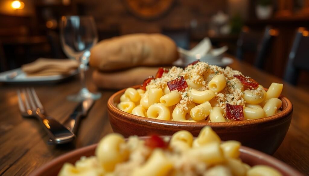 a delicious serving of steakhouse mac and cheese, featuring creamy, cheesy elbow macaroni generously topped with breadcrumbs and a sprinkle of herbs. in the foreground, focus on a warm, inviting bowl filled with the rich, velvety dish, with a few pieces of crispy bacon scattered on top. the middle ground includes a rustic wooden table set with a steak knife and fork, hinting at a hearty meal. in the background, there are subtle hints of a cozy steakhouse ambiance with dim lighting and wooden accents enhancing the atmosphere. the scene should evoke a warm, inviting feeling, perfect for a satisfying lunch experience. shot with a soft focus to highlight the mac and cheese as the star of the image, captured under warm, ambient lighting. a delicious serving of steakhouse mac and cheese, featuring creamy, cheesy elbow macaroni generously topped with breadcrumbs and a sprinkle of herbs. in the foreground, focus on a warm, inviting bowl filled with the rich, velvety dish, with a few pieces of crispy bacon scattered on top. the middle ground includes a rustic wooden table set with a steak knife and fork, hinting at a hearty meal. in the background, there are subtle hints of a cozy steakhouse ambiance with dim lighting and wooden accents enhancing the atmosphere. the scene should evoke a warm, inviting feeling, perfect for a satisfying lunch experience. shot with a soft focus to highlight the mac and cheese as the star of the image, captured under warm, ambient lighting.